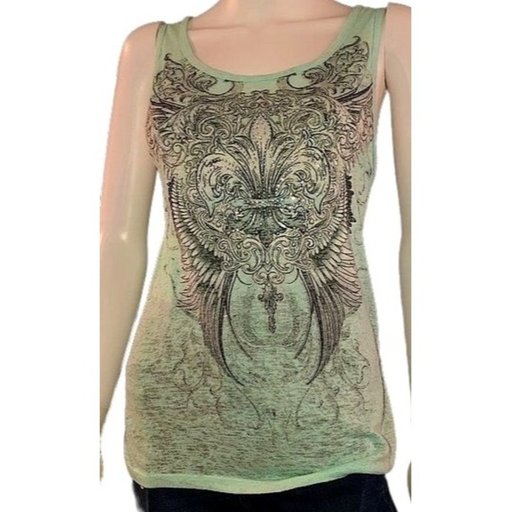 ANGELS & DIAMONDS- Wings Blue Top with Front graphic silver bling BUCKLE M